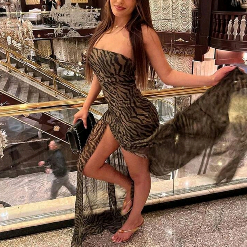 Women Tube Top Dress Slim Strapless Backless Mesh Patchwork Maxi Dress Leopard - Picture 8 of 9